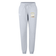 The Cal Maritime Rugby Women's Leisure Sweatpant by EMB Canterbury features light gray organic cotton, an elastic waistband, drawstring, cuffs, and a small sailboat with yellow text on the left thigh for a stylish leisure look.