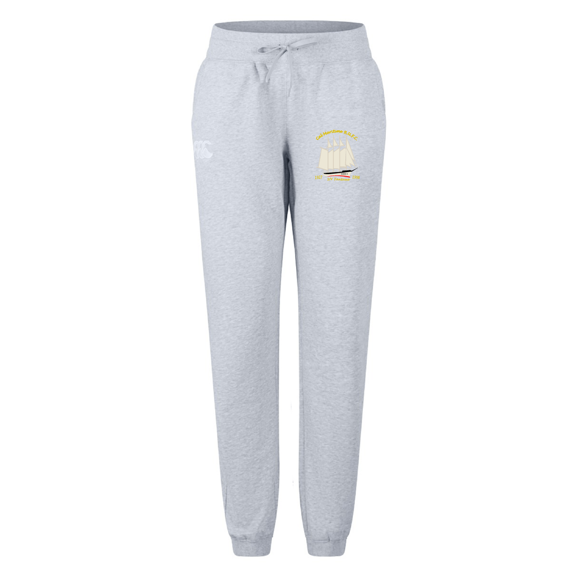 The Cal Maritime Rugby Women's Leisure Sweatpant by EMB Canterbury features light gray organic cotton, an elastic waistband, drawstring, cuffs, and a small sailboat with yellow text on the left thigh for a stylish leisure look.