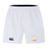 The Cal Maritime Rugby Advantage Short 2.0 by EMB Canterbury features a white design, elastic waistband, black Canterbury logo on the left leg, and a yellow club emblem with text and bridge graphic on the right—ideal for training.