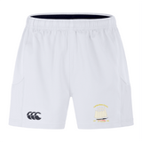 The Cal Maritime Rugby Advantage Short 2.0 by EMB Canterbury features a white design, elastic waistband, black Canterbury logo on the left leg, and a yellow club emblem with text and bridge graphic on the right—ideal for training.