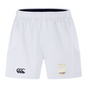 The Cal Maritime Rugby Advantage Short 2.0 by EMB Canterbury features a white design, elastic waistband, black Canterbury logo on the left leg, and a yellow club emblem with text and bridge graphic on the right—ideal for training.