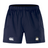 The EMB Canterbury Cal Maritime Rugby Advantage Short 2.0 features a navy blue design, elastic waistband, white logo on the left leg, and ship emblem on the right—ideal sustainable sportswear for fans.