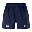 The EMB Canterbury Cal Maritime Rugby Advantage Short 2.0 features a navy blue design, elastic waistband, white logo on the left leg, and ship emblem on the right—ideal sustainable sportswear for fans.
