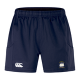 The EMB Canterbury Cal Maritime Rugby Advantage Short 2.0 features a navy blue design, elastic waistband, white logo on the left leg, and ship emblem on the right—ideal sustainable sportswear for fans.