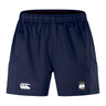 The EMB Canterbury Cal Maritime Rugby Advantage Short 2.0 features a navy blue design, elastic waistband, white logo on the left leg, and ship emblem on the right—ideal sustainable sportswear for fans.