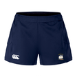 The Cal Maritime Rugby Women's Advantage Short 2.0 by EMB Canterbury features a white logo on the left leg and a small ship emblem on the right, displayed in navy blue against a white background.