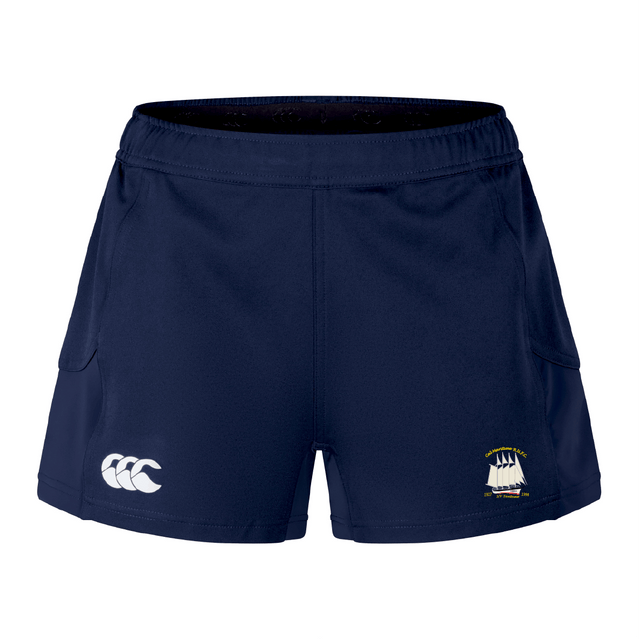 The Cal Maritime Rugby Women's Advantage Short 2.0 by EMB Canterbury features a white logo on the left leg and a small ship emblem on the right, displayed in navy blue against a white background.