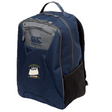 The Cal Maritime Rugby Medium Backpack by EMB Canterbury features a navy blue design, top handle, front zip pocket, side mesh pocket, padded laptop pocket, and an embroidered sailing ship logo—ideal for daily athletic use.