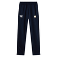 The Cal Maritime Rugby Stretch Tapered Pant by EMB Canterbury features a navy blue design, elastic waistband, quick dry fabric, the Canterbury logo, and a crest on the front—ideal men's workout pants.