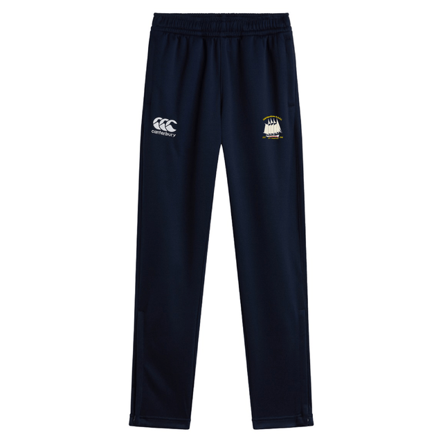 The Cal Maritime Rugby Stretch Tapered Pant by EMB Canterbury features a navy blue design, elastic waistband, quick dry fabric, the Canterbury logo, and a crest on the front—ideal men's workout pants.
