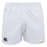 The Cal Maritime Rugby Advantage Rugby Shorts by EMB Canterbury are plain white with a black CCC logo on the left leg, a small emblem on the right, and moisture-wicking fabric for cool comfort on and off the field.