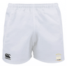 The Cal Maritime Rugby Advantage Rugby Shorts by EMB Canterbury are plain white with a black CCC logo on the left leg, a small emblem on the right, and moisture-wicking fabric for cool comfort on and off the field.