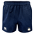 The Cal Maritime Rugby Professional Polyester Rugby Short by EMB Canterbury features an elastic waistband, white Canterbury logo on the left leg, a multicolored embroidered crest on the right, and is made from durable polyester for lasting comfort.