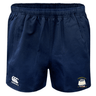 The Cal Maritime Rugby Professional Polyester Rugby Short by EMB Canterbury features an elastic waistband, white Canterbury logo on the left leg, a multicolored embroidered crest on the right, and is made from durable polyester for lasting comfort.