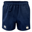 Navy blue Cal Maritime Rugby Advantage Rugby Shorts by EMB Canterbury, featuring an elastic waistband, the CCC logo on the left leg, and a sailboat emblem with text on the right leg.