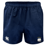 Navy blue Cal Maritime Rugby Advantage Rugby Shorts by EMB Canterbury, featuring an elastic waistband, the CCC logo on the left leg, and a sailboat emblem with text on the right leg.