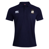 The Cal Maritime Rugby Waimak Polo by EMB Canterbury is a navy short-sleeve collared shirt with a Canterbury logo on the right chest and a sailboat emblem on the left—ideal as a stylish men's polo.
