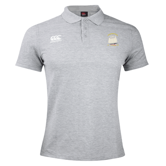 The Cal Maritime Rugby Waimak Polo by EMB Canterbury is a light grey men's polo with short sleeves, collar, and two chest embroidered logos, inspired by the classic CCC Waimak Rugby Polo for a sporty, stylish look.