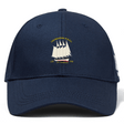 The Cal Maritime Rugby Flexfit Drill Cap by EMB Canterbury is a blue curved brim cap featuring a white sailboat on the front.