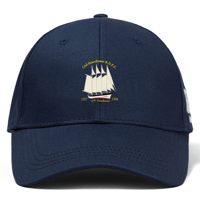 The Cal Maritime Rugby Flexfit Drill Cap by EMB Canterbury is a blue curved brim cap featuring a white sailboat on the front.