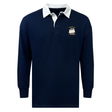 The EMB Mudoo Cal Maritime Rugby Classic Long Sleeve Solid Rugby Jersey features a navy blue color, white collar, small embroidered sailboat on the left chest, and is crafted from a soft cotton-poly blend jersey.