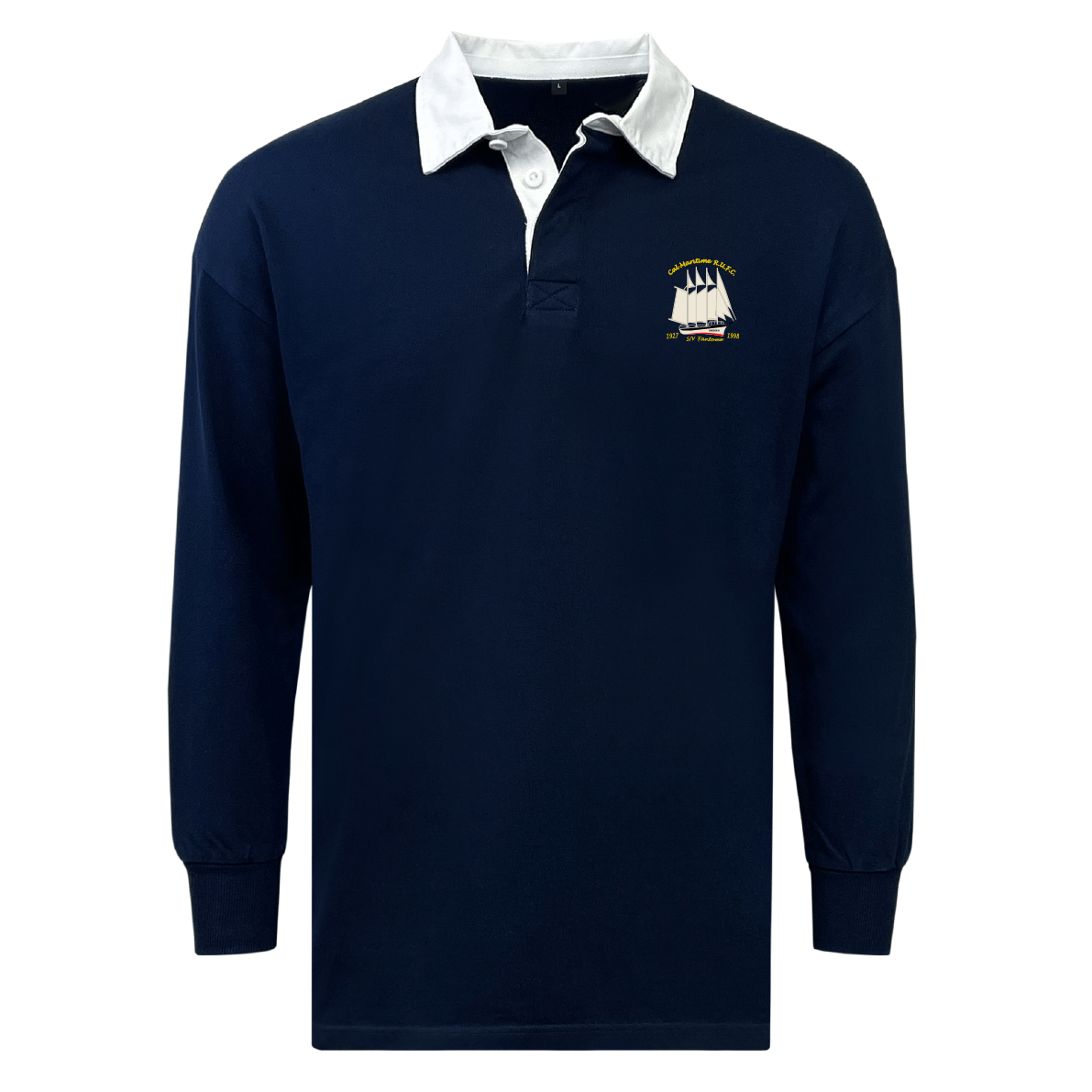 The EMB Mudoo Cal Maritime Rugby Classic Long Sleeve Solid Rugby Jersey features a navy blue color, white collar, small embroidered sailboat on the left chest, and is crafted from a soft cotton-poly blend jersey.