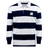 The EMB Mudoo Cal Maritime Rugby Classic Long Sleeve Hooped Rugby Jersey features wide navy and white stripes, a crisp white collar, and a ship emblem on the left chest for a timeless retro look.