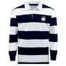 The EMB Mudoo Cal Maritime Rugby Classic Long Sleeve Hooped Rugby Jersey features wide navy and white stripes, a crisp white collar, and a ship emblem on the left chest for a timeless retro look.