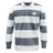 The EMB Mudoo Cal Maritime Rugby Classic Long Sleeve Hooped Jersey features wide gray and white stripes, a collar, button placket, and a small sailboat embroidery on the left chest.