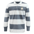 The EMB Mudoo Cal Maritime Rugby Classic Long Sleeve Hooped Jersey features wide gray and white stripes, a collar, button placket, and a small sailboat embroidery on the left chest.