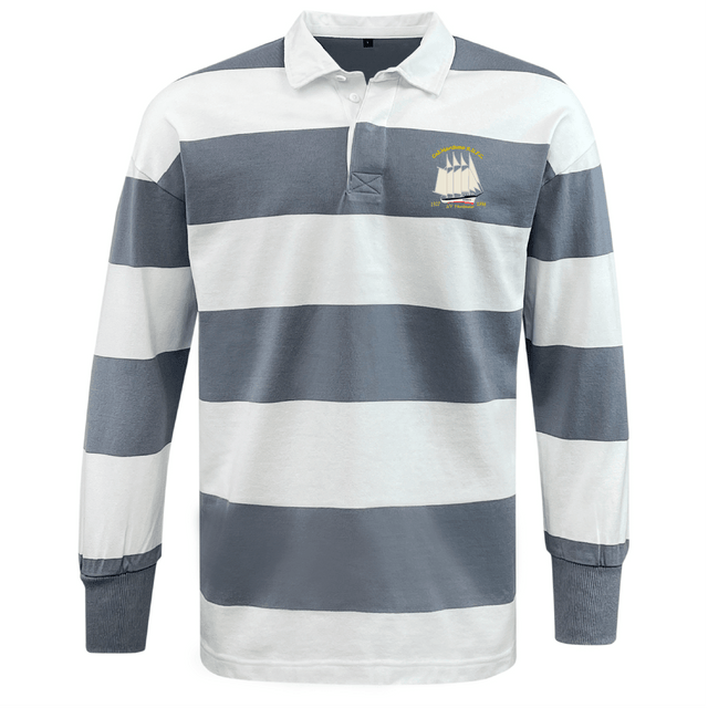 The EMB Mudoo Cal Maritime Rugby Classic Long Sleeve Hooped Jersey features wide gray and white stripes, a collar, button placket, and a small sailboat embroidery on the left chest.