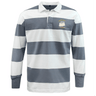 The EMB Mudoo Cal Maritime Rugby Classic Long Sleeve Hooped Jersey features wide gray and white stripes, a collar, button placket, and a small sailboat embroidery on the left chest.