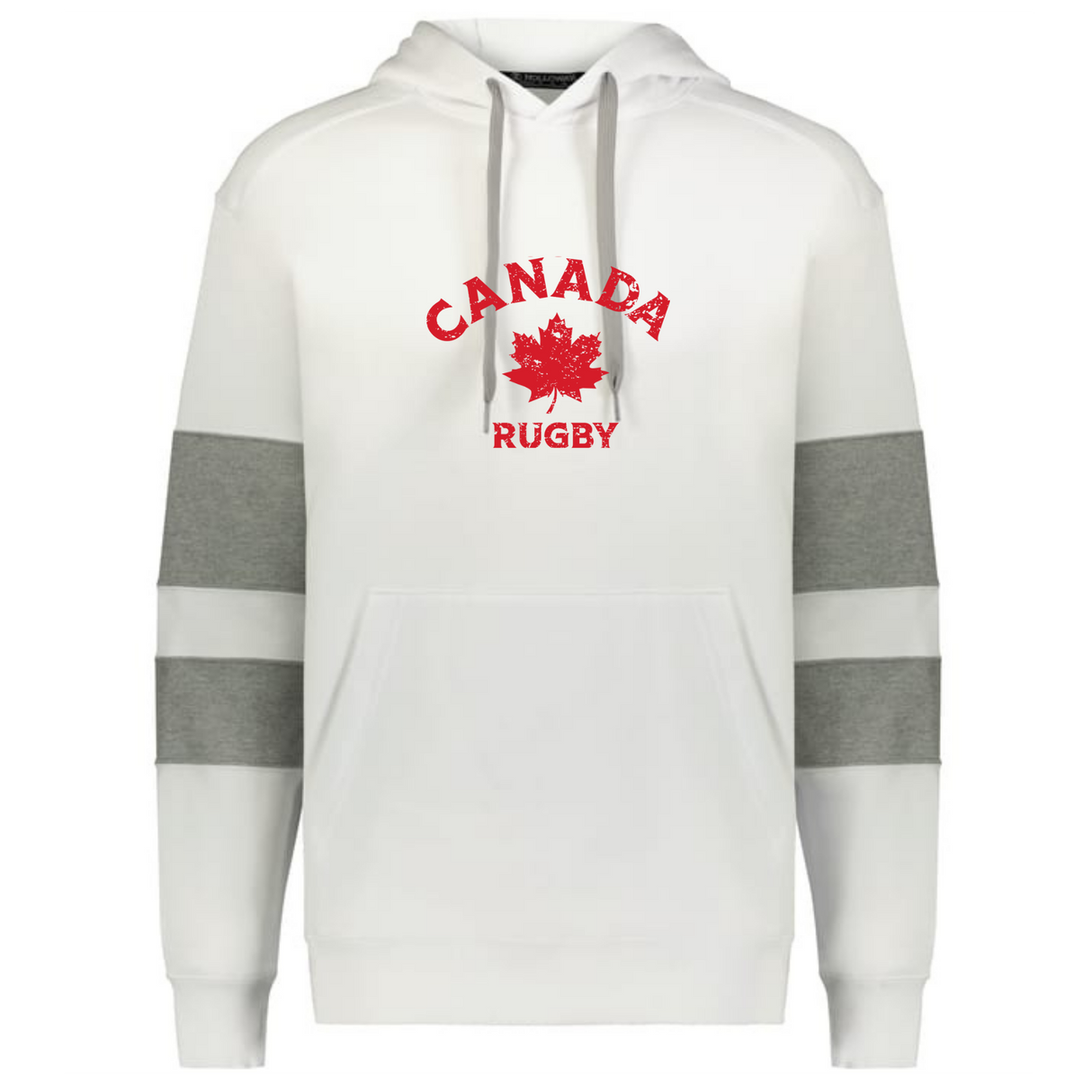 Display your pride in the Nations of Rugby Canada Jackson Way Hoodie by WRS Augusta—a white pullover with grey striped sleeves, bold "CANADA RUGBY" text, and a red maple leaf printed on the chest.