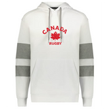 Display your pride in the Nations of Rugby Canada Jackson Way Hoodie by WRS Augusta—a white pullover with grey striped sleeves, bold "CANADA RUGBY" text, and a red maple leaf printed on the chest.