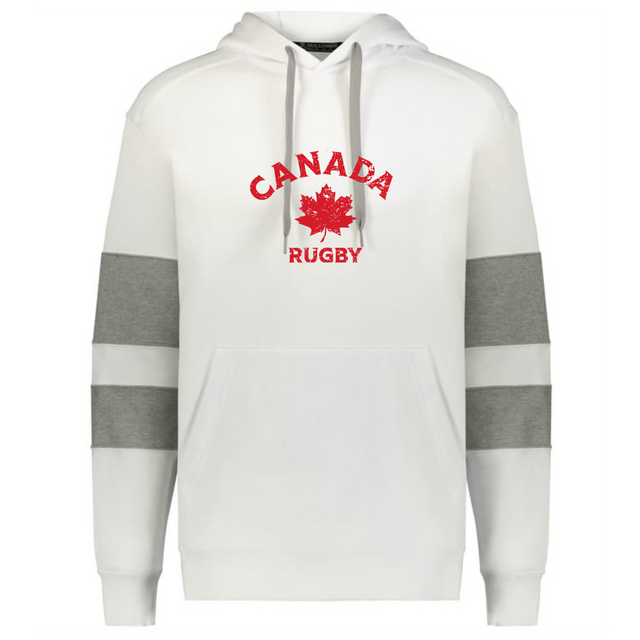 Display your pride in the Nations of Rugby Canada Jackson Way Hoodie by WRS Augusta—a white pullover with grey striped sleeves, bold "CANADA RUGBY" text, and a red maple leaf printed on the chest.