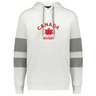 Display your pride in the Nations of Rugby Canada Jackson Way Hoodie by WRS Augusta—a white pullover with grey striped sleeves, bold "CANADA RUGBY" text, and a red maple leaf printed on the chest.