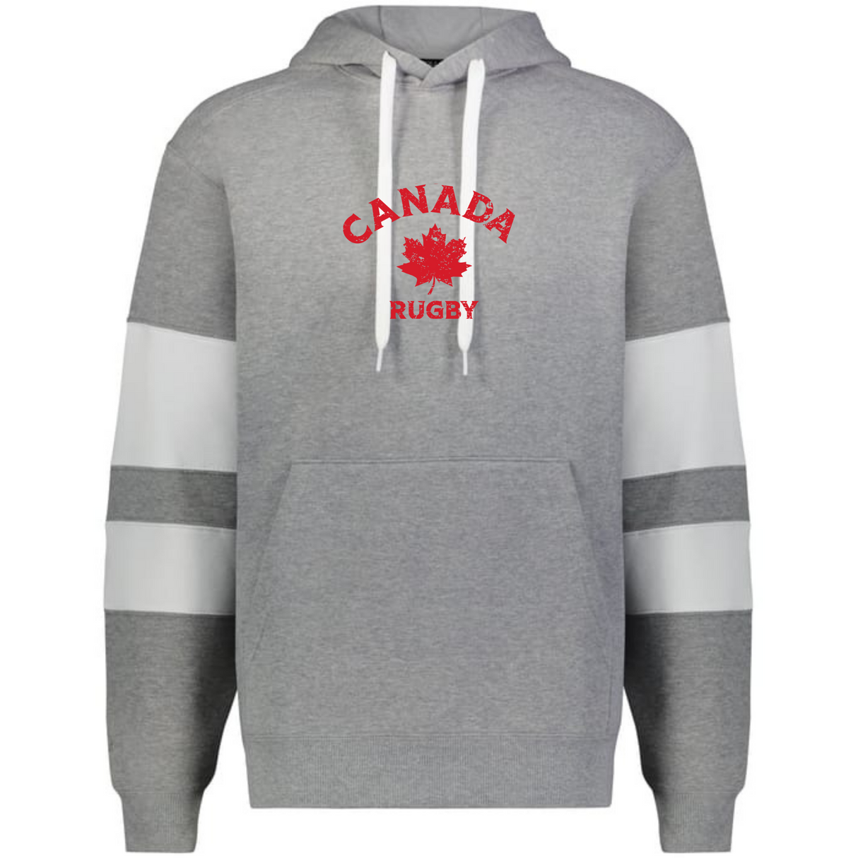 The WRS Augusta Nations of Rugby Canada Jackson Way Hoodie features a gray design with white drawstrings, white sleeve stripes, and "CANADA RUGBY" plus a red maple leaf printed on the front.