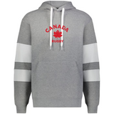 The WRS Augusta Nations of Rugby Canada Jackson Way Hoodie features a gray design with white drawstrings, white sleeve stripes, and "CANADA RUGBY" plus a red maple leaf printed on the front.