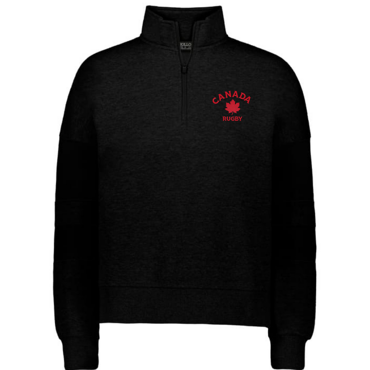 Show your pride in the Women's Nations of Rugby Canada Jackson Way Pullover by EMB Augusta—a black quarter-zip with a red maple leaf and bold "CANADA RUGBY" on the chest, perfect for rugby fans.