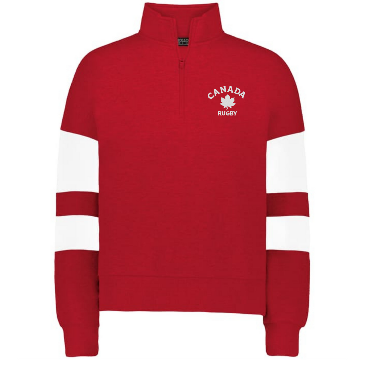 The EMB Augusta Women's Nations of Rugby Canada Jackson Way Pullover is a red quarter-zip with white sleeve stripes and a "Canada Rugby" maple leaf chest logo—ideal for rugby supporters.