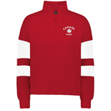 The EMB Augusta Women's Nations of Rugby Canada Jackson Way Pullover is a red quarter-zip with white sleeve stripes and a "Canada Rugby" maple leaf chest logo—ideal for rugby supporters.