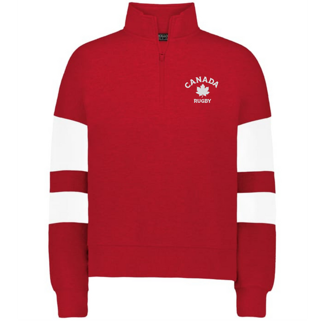 The EMB Augusta Women's Nations of Rugby Canada Jackson Way Pullover is a red quarter-zip with white sleeve stripes and a "Canada Rugby" maple leaf chest logo—ideal for rugby supporters.