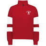 The EMB Augusta Women's Nations of Rugby Canada Jackson Way Pullover is a red quarter-zip with white sleeve stripes and a "Canada Rugby" maple leaf chest logo—ideal for rugby supporters.