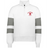 The EMB Augusta Women's Nations of Rugby Canada Jackson Way Pullover is a white quarter-zip cropped fleece with gray sleeve stripes and a red maple leaf "Canada Rugby" logo—perfect apparel for rugby supporters.