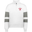The EMB Augusta Women's Nations of Rugby Canada Jackson Way Pullover is a white quarter-zip cropped fleece with gray sleeve stripes and a red maple leaf "Canada Rugby" logo—perfect apparel for rugby supporters.