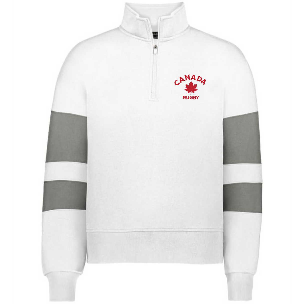 The EMB Augusta Women's Nations of Rugby Canada Jackson Way Pullover is a white quarter-zip cropped fleece with gray sleeve stripes and a red maple leaf "Canada Rugby" logo—perfect apparel for rugby supporters.