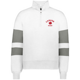The EMB Augusta Women's Nations of Rugby Canada Jackson Way Pullover is a white quarter-zip cropped fleece with gray sleeve stripes and a red maple leaf "Canada Rugby" logo—perfect apparel for rugby supporters.