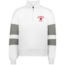 The EMB Augusta Women's Nations of Rugby Canada Jackson Way Pullover is a white quarter-zip cropped fleece with gray sleeve stripes and a red maple leaf "Canada Rugby" logo—perfect apparel for rugby supporters.
