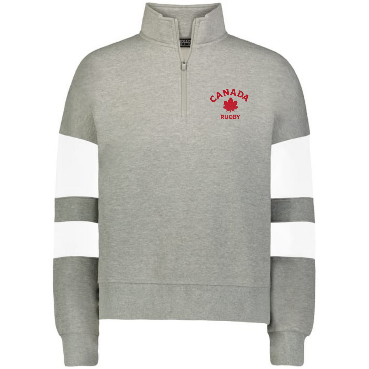 The EMB Augusta Women's Nations of Rugby Canada Jackson Way Pullover is a grey quarter-zip sweatshirt with white sleeve stripes and a red maple leaf "Canada Rugby" logo—ideal supporter gear for any rugby fan.