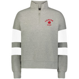 The EMB Augusta Women's Nations of Rugby Canada Jackson Way Pullover is a grey quarter-zip sweatshirt with white sleeve stripes and a red maple leaf "Canada Rugby" logo—ideal supporter gear for any rugby fan.